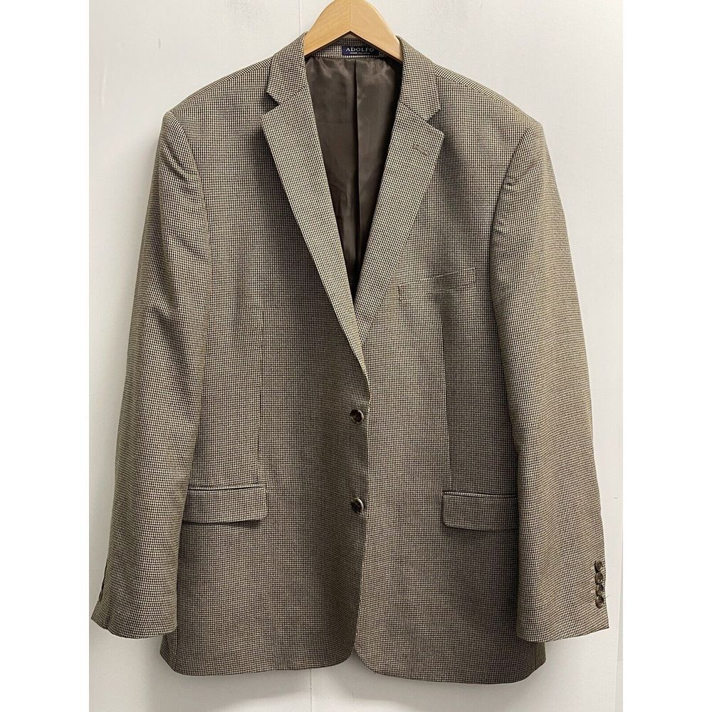 Adolfo Mens Size 44L Brown Houndstooth Sport Coat High Twist Microtech Blazer